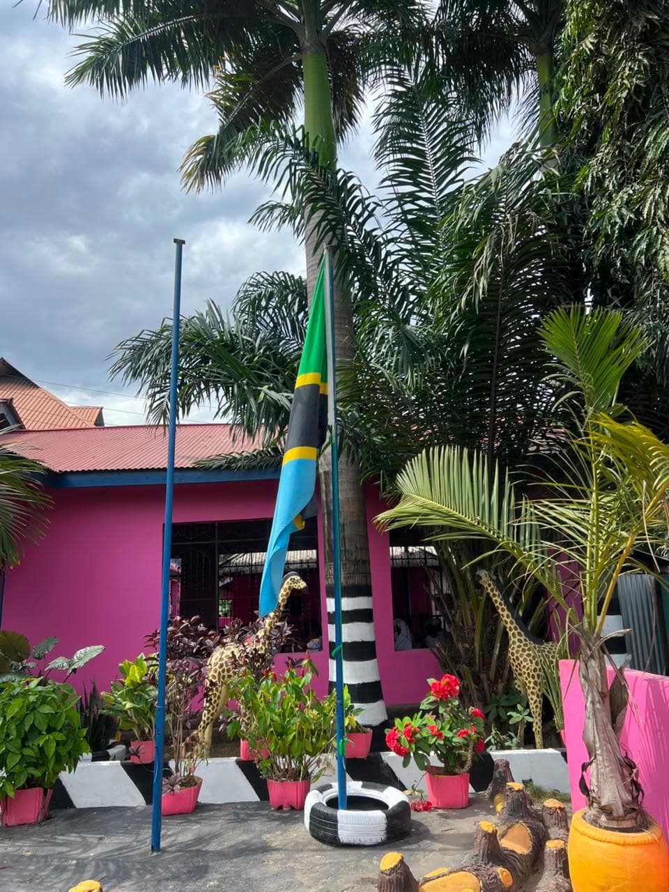 New Generation School building exterior with Tanzanian flag