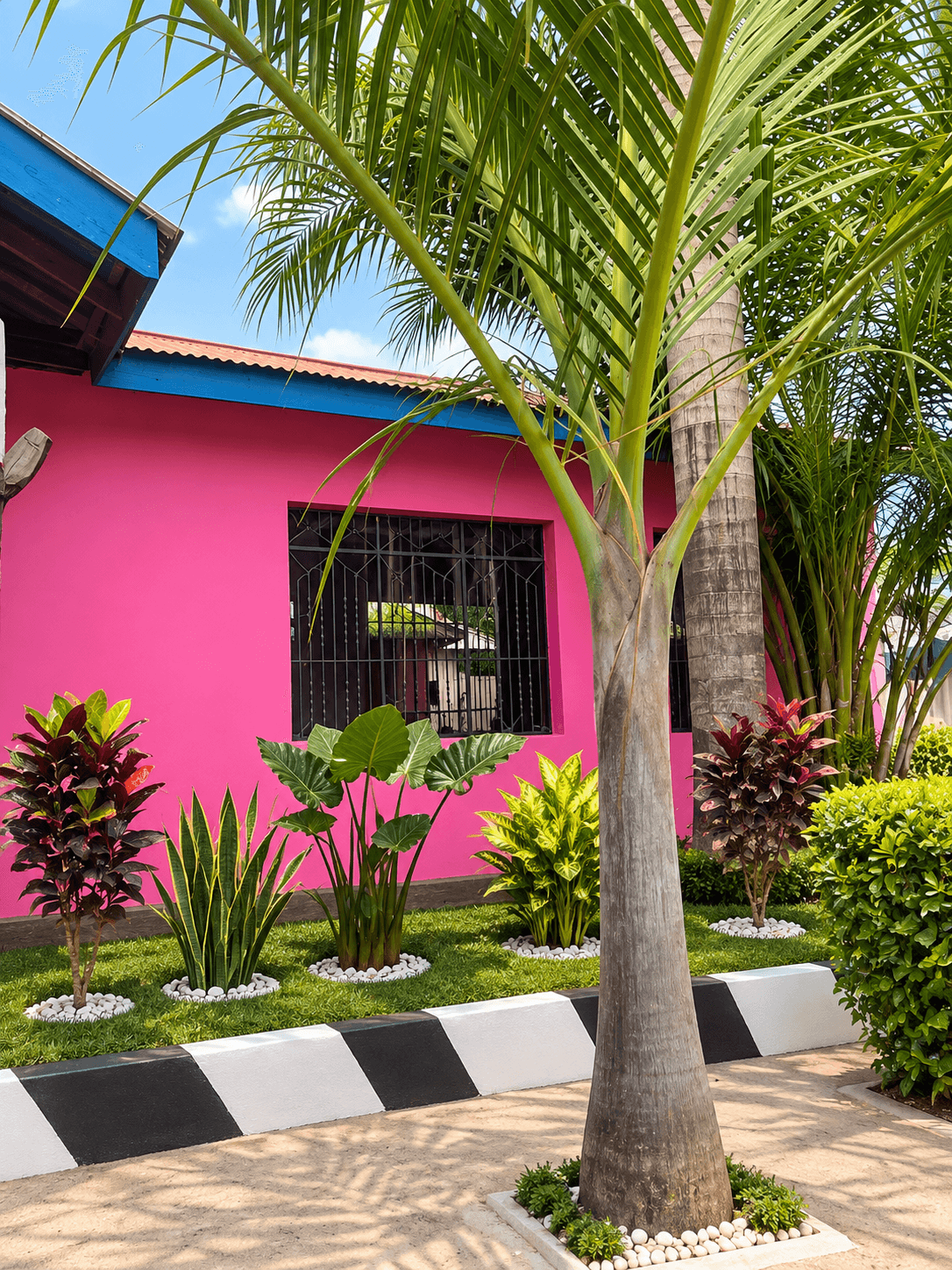 School garden with colorful plants and decorative animals